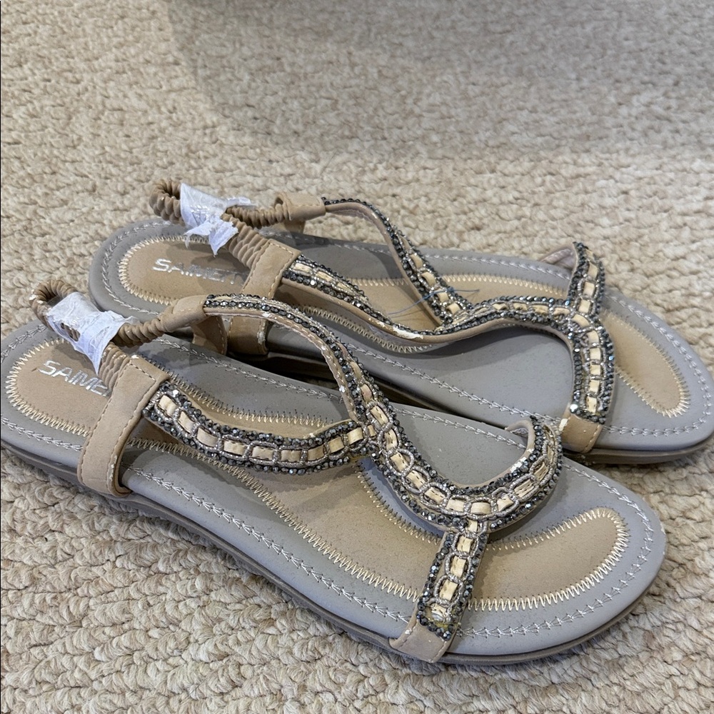 Bejeweled T-Strap Sandals in Beige